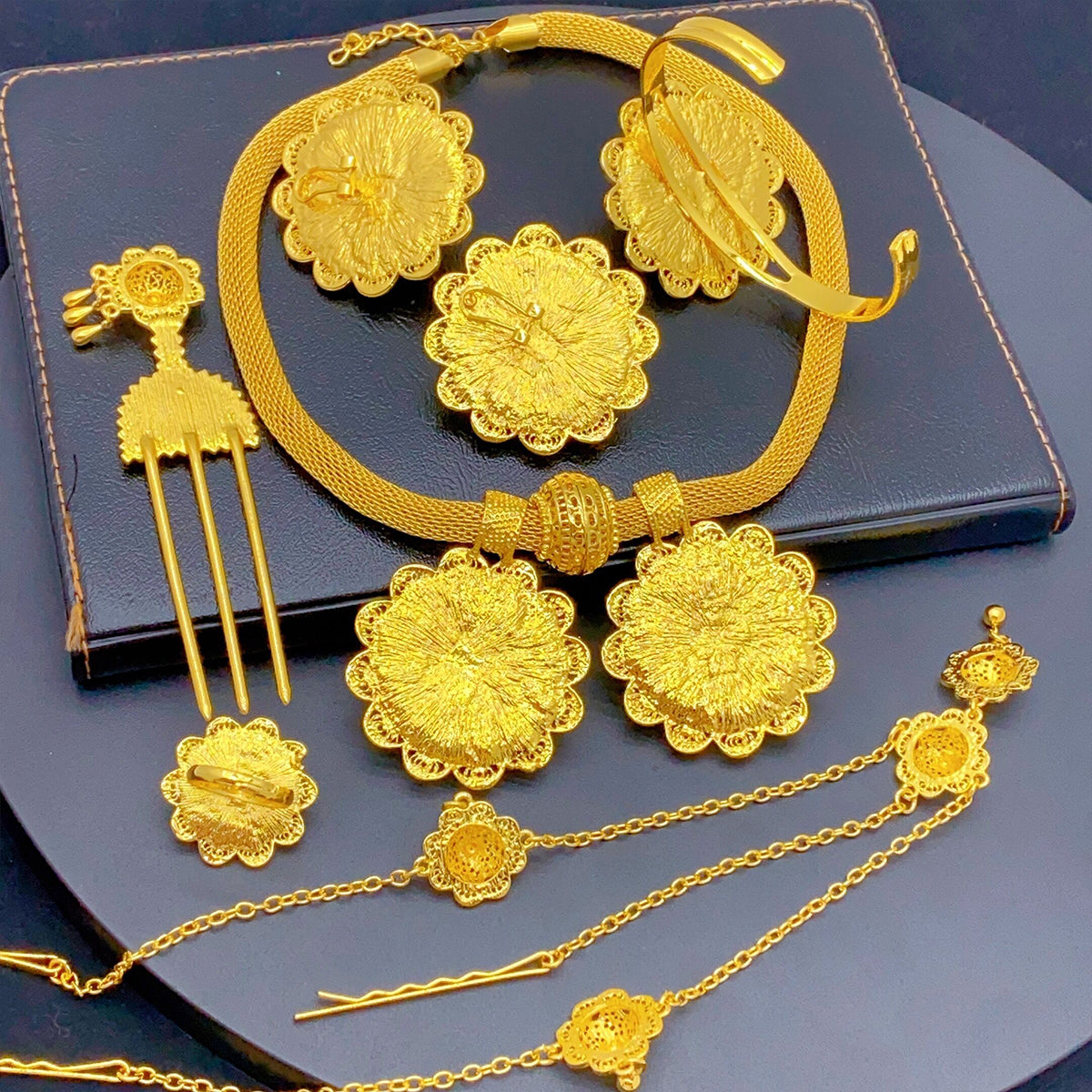 Golden Ethnic Style | Middle Eastern Wedding Jewelry Set | Women’s Necklace, Earrings, Ring, and Bracelet|a-07