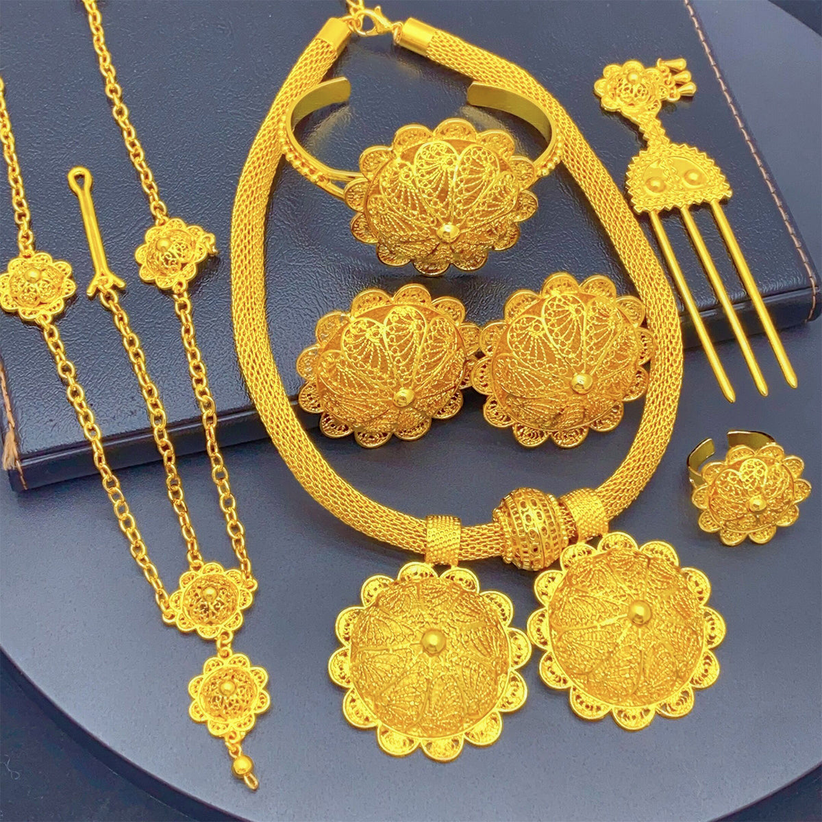 Golden Ethnic Style | Middle Eastern Wedding Jewelry Set | Women’s Necklace, Earrings, Ring, and Bracelet|a-07
