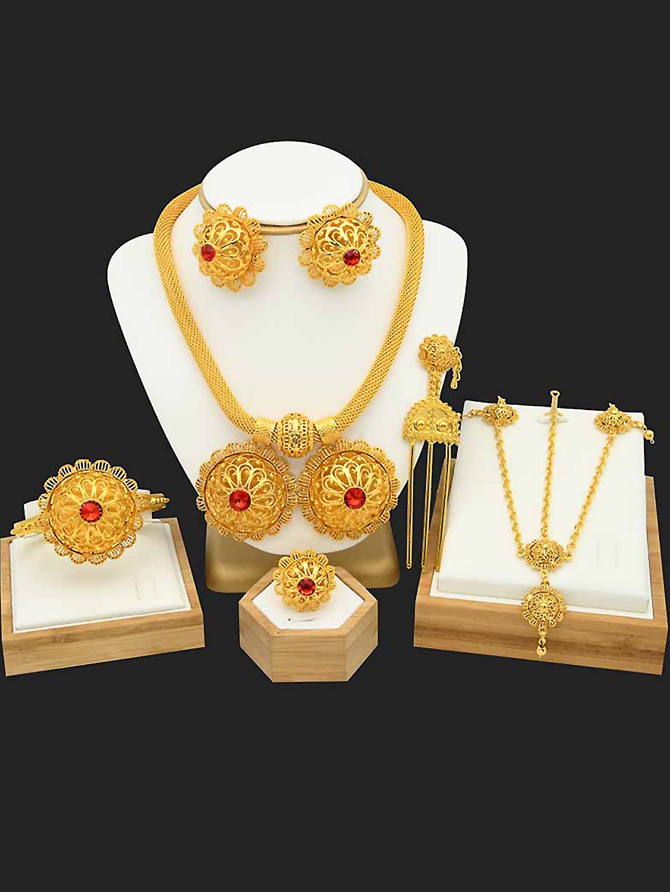 Gold Jewelry | Floral Bridal Jewelry Set | Saudi Women’s Necklace, Bracelet, Earrings, and Ring Set|A-04