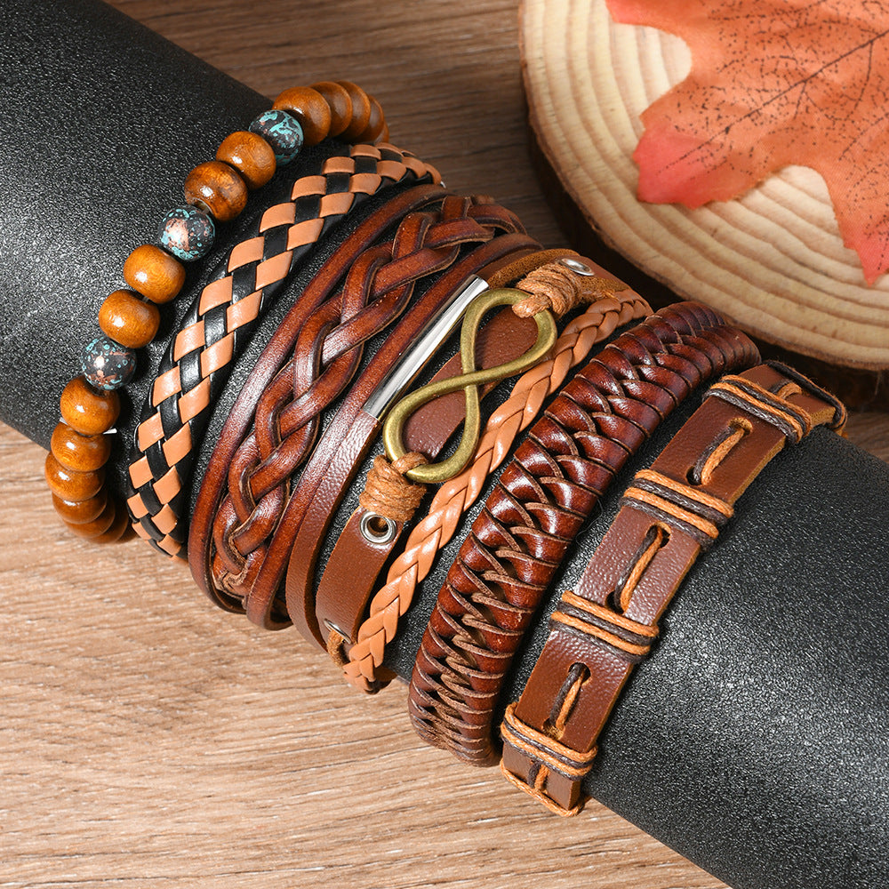 【6-Piece Set】Vintage Brown Leather Bracelet Stack for Men — Braided, Beaded & Infinity Symbol