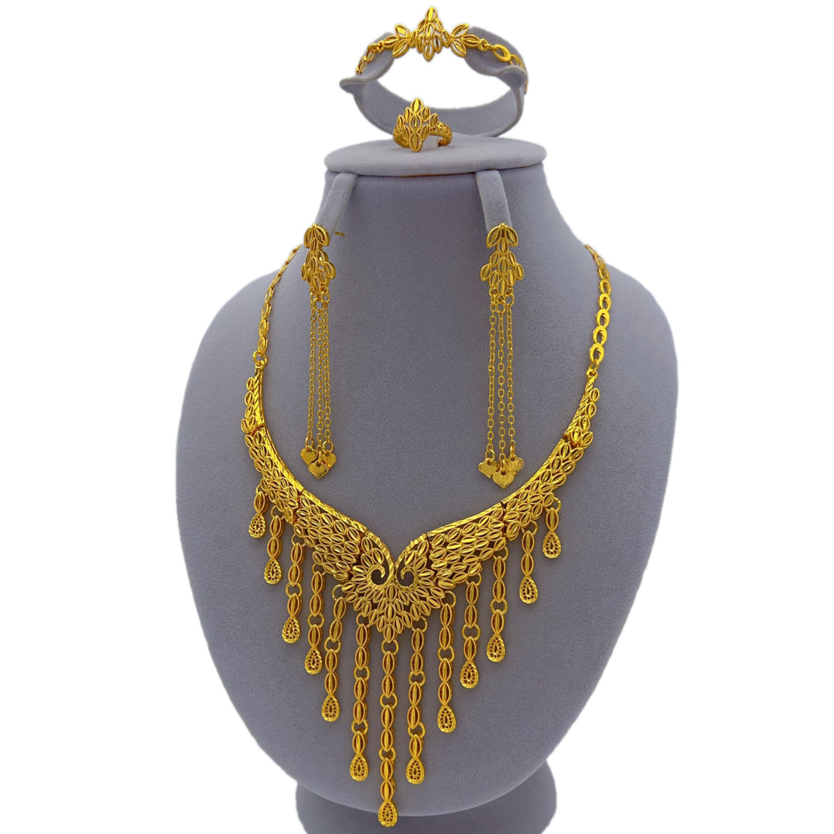 Ethnic Bridal Jewelry | Golden Inlay Pattern 4-Piece Set | Muslim Style|S-773