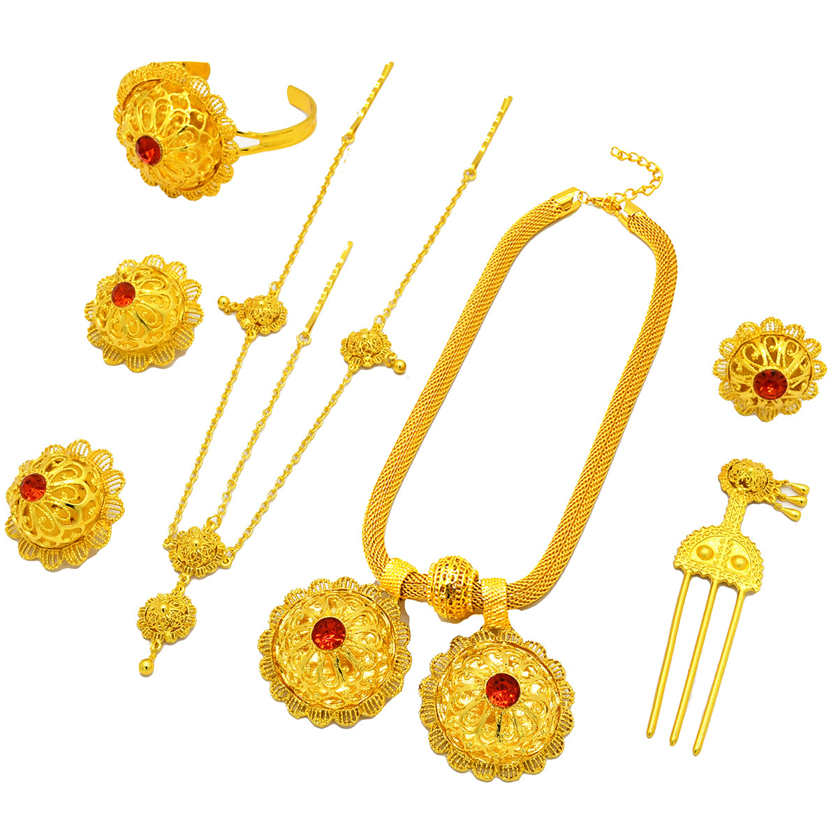 Gold Jewelry | Floral Bridal Jewelry Set | Saudi Women’s Necklace, Bracelet, Earrings, and Ring Set|A-04