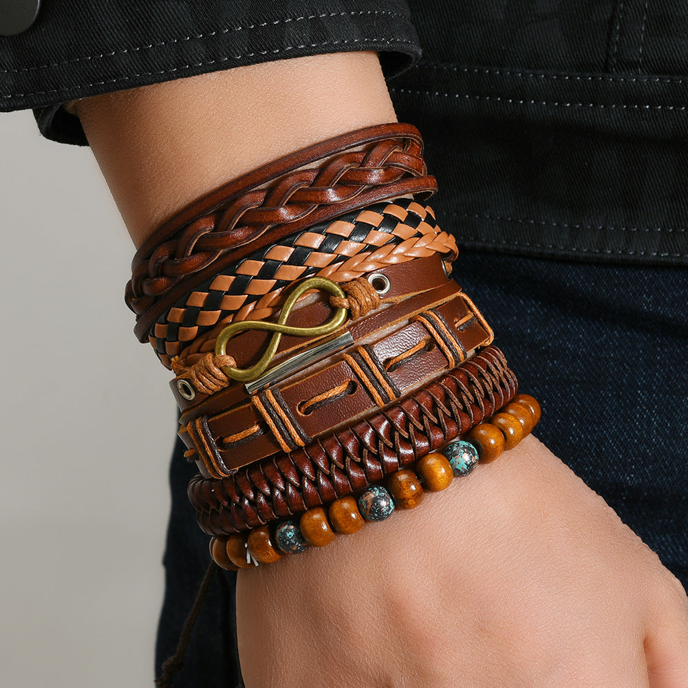 【6-Piece Set】Vintage Brown Leather Bracelet Stack for Men — Braided, Beaded & Infinity Symbol