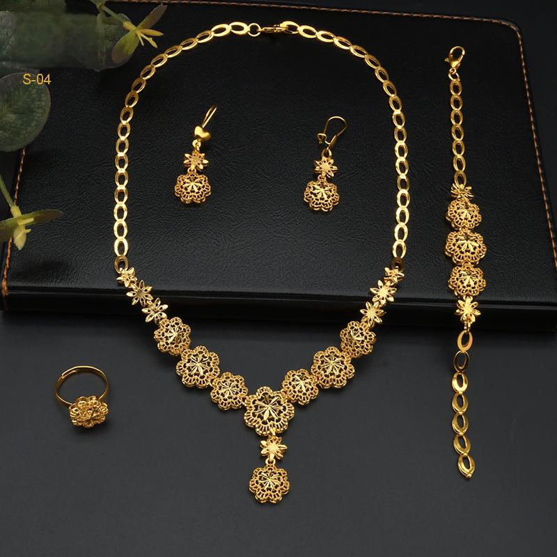 Wedding Gift Jewelry | Golden Carved Earrings, Necklace, Bracelet, and Ring Set|s-04