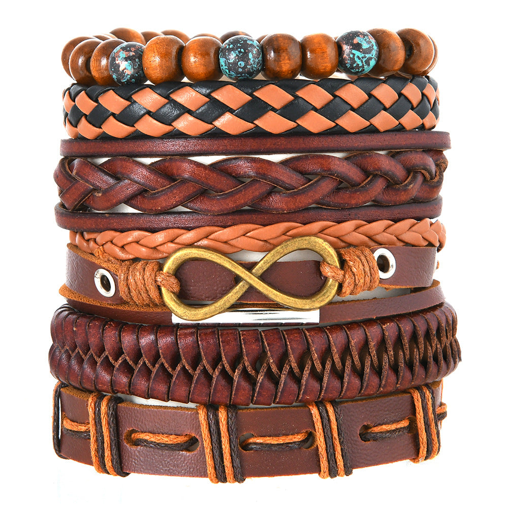 【6-Piece Set】Vintage Brown Leather Bracelet Stack for Men — Braided, Beaded & Infinity Symbol