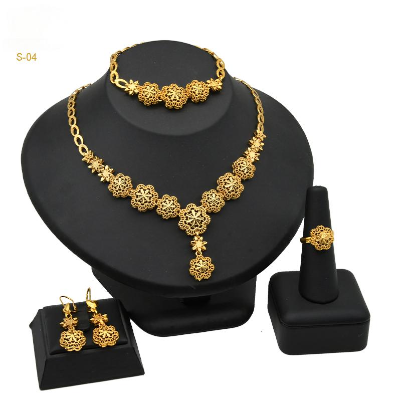 Wedding Gift Jewelry | Golden Carved Earrings, Necklace, Bracelet, and Ring Set|s-04