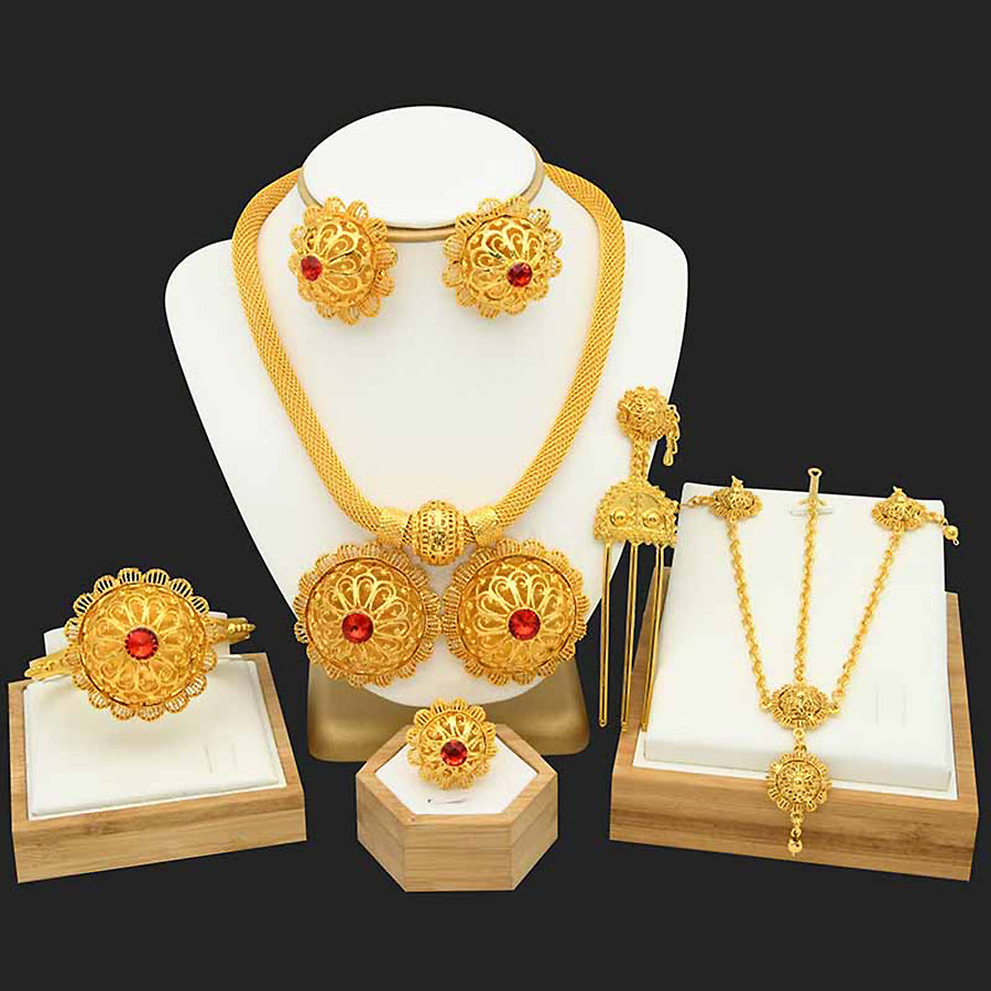 Gold Jewelry | Floral Bridal Jewelry Set | Saudi Women’s Necklace, Bracelet, Earrings, and Ring Set|A-04