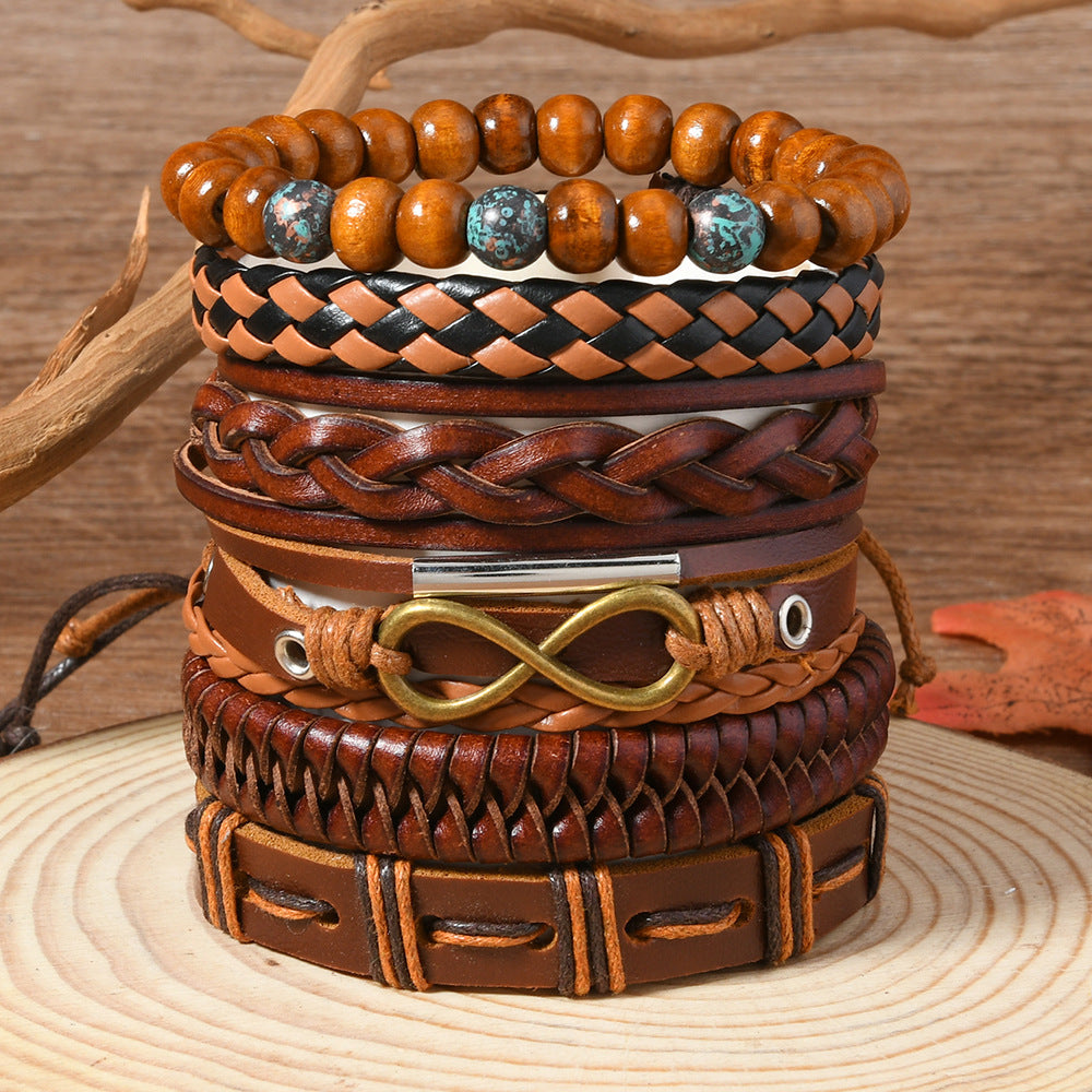 【6-Piece Set】Vintage Brown Leather Bracelet Stack for Men — Braided, Beaded & Infinity Symbol