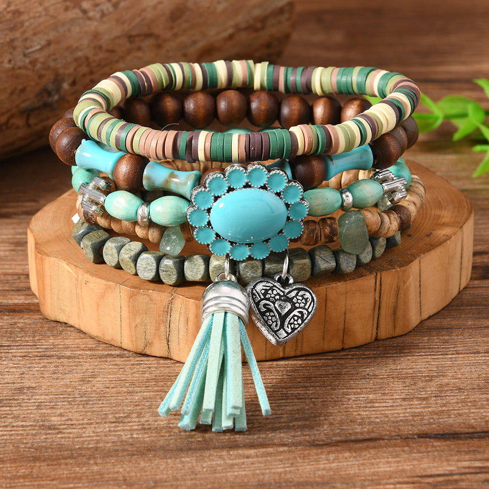【5-Piece Set】Boho Stacked Bracelet Set with Turquoise Flower Charm, Heart Pendant & Tassel|What You See Is What You Get