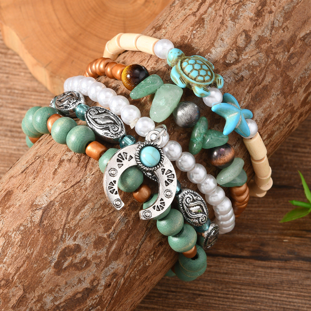【5-Piece Set】Ocean-Inspired Boho Bracelet Set with Turquoise Turtle, Natural Stone & Lucky Horseshoe Charm