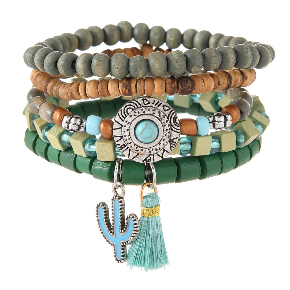 【5-Piece Set】Boho Turquoise Layered Bracelet Stack with Heart Charm & Tassel|What You See Is What You Get