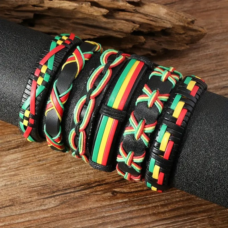 【6-Piece Set】Rasta Style Leather Bracelet Stack for Men — Red, Yellow, Green Braided Design