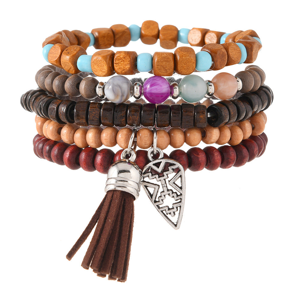 【5-Piece Set】Boho Turquoise Layered Bracelet Stack with Heart Charm & Tassel|What You See Is What You Get