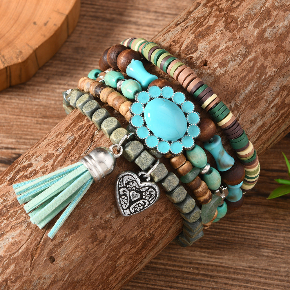【5-Piece Set】Boho Stacked Bracelet Set with Turquoise Flower Charm, Heart Pendant & Tassel|What You See Is What You Get