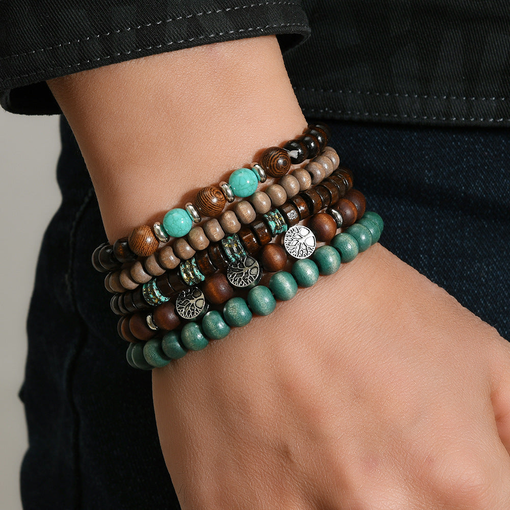 【5-Piece Set】Boho Ethnic Style Bracelet Set|Turquoise & Wood Beads|What You See Is What You Get