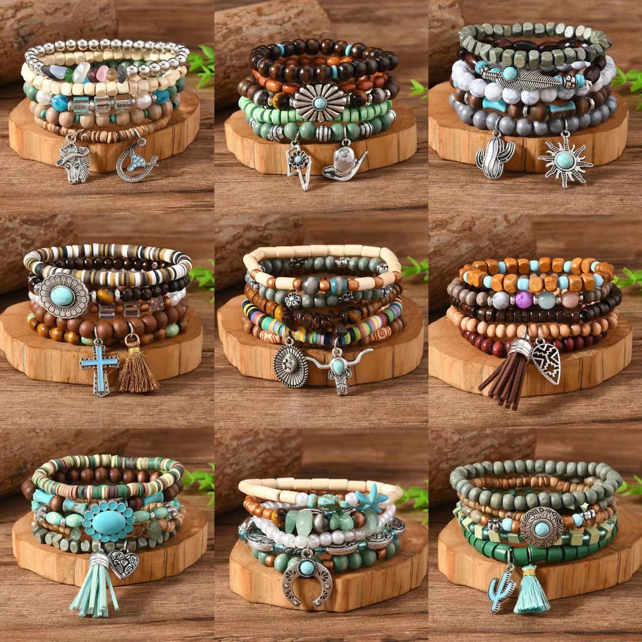 【5-Piece Set】Boho Turquoise Layered Bracelet Stack with Heart Charm & Tassel|What You See Is What You Get