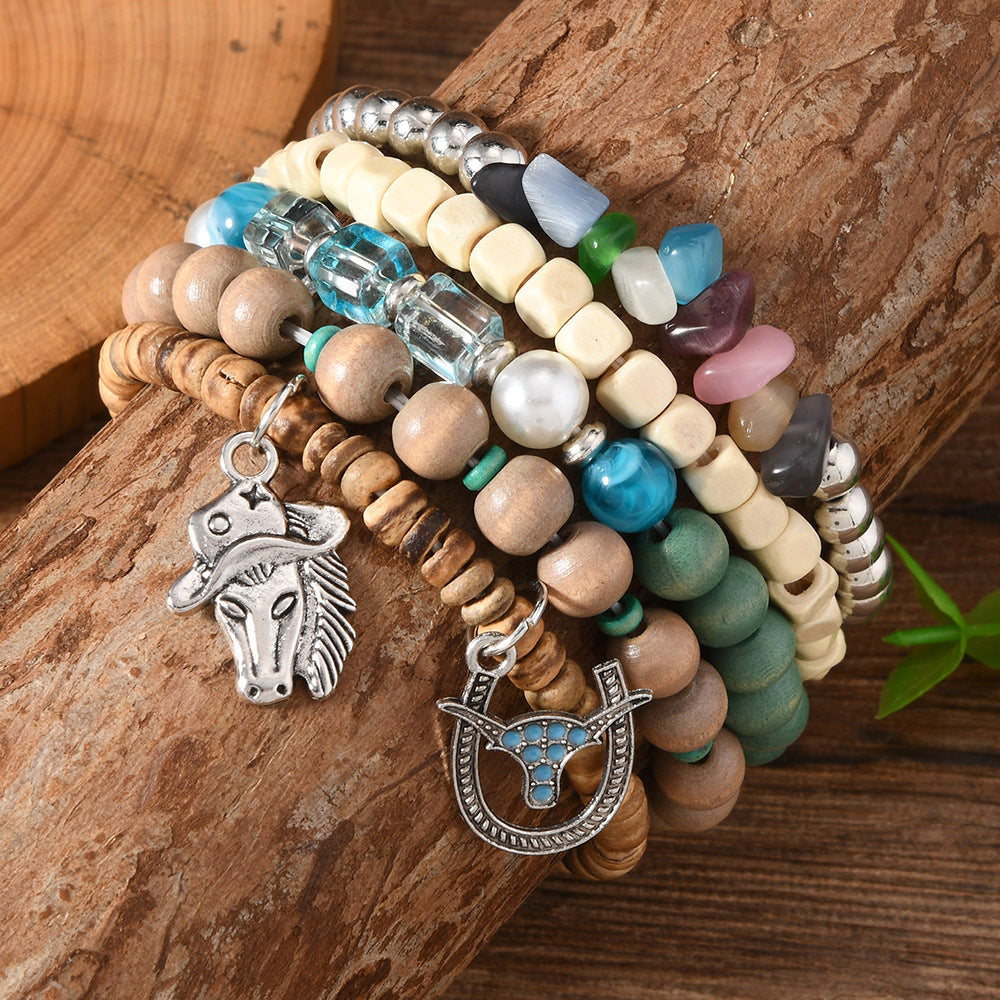 【5-Piece Set】Western Boho Layered Bracelet Stack with Cowboy Horse & Bull Charms|What You See Is What You Get