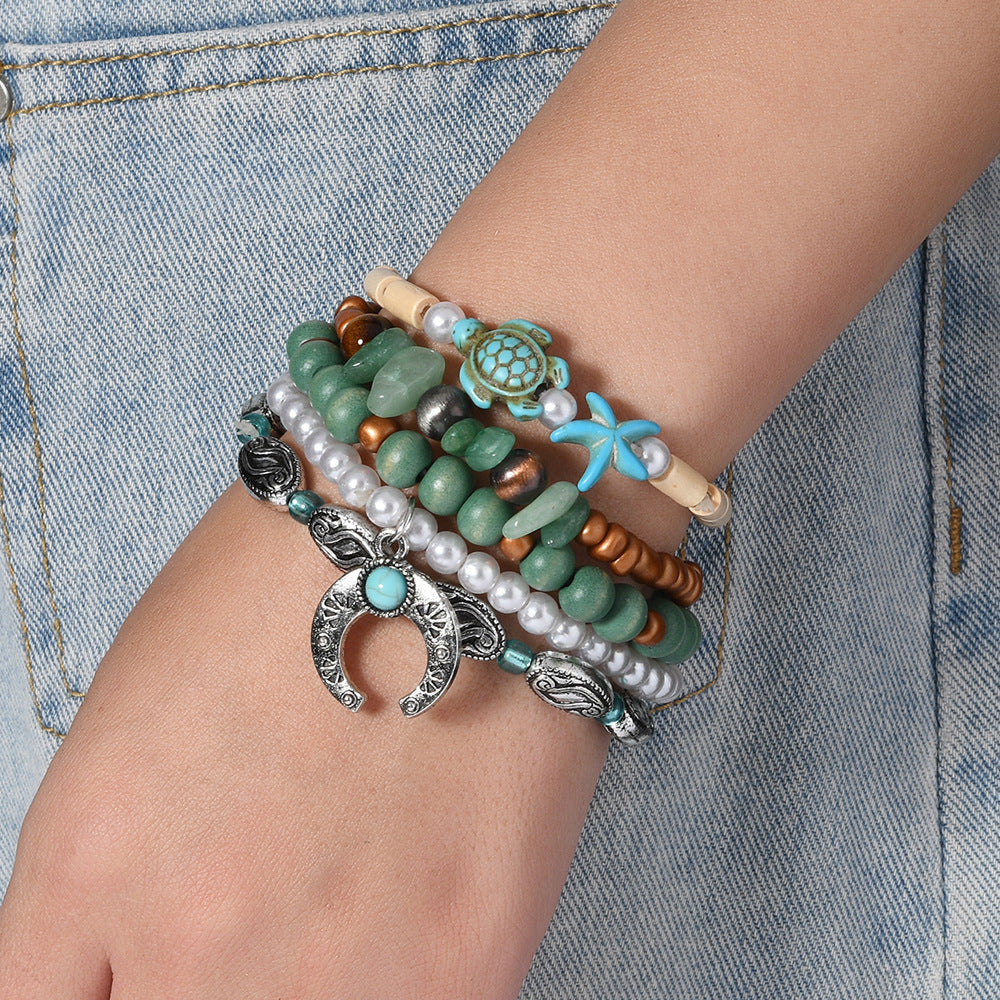【5-Piece Set】Ocean-Inspired Boho Bracelet Set with Turquoise Turtle, Natural Stone & Lucky Horseshoe Charm