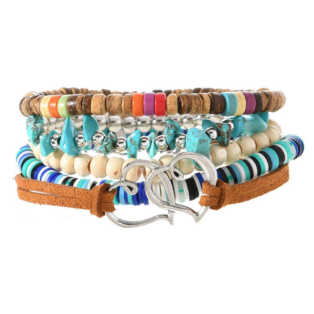 【5-Piece Set】Multicolor Beaded Bracelet Stack with Heart Clasp Leather Cord|Boho Style – What You See Is What You Get