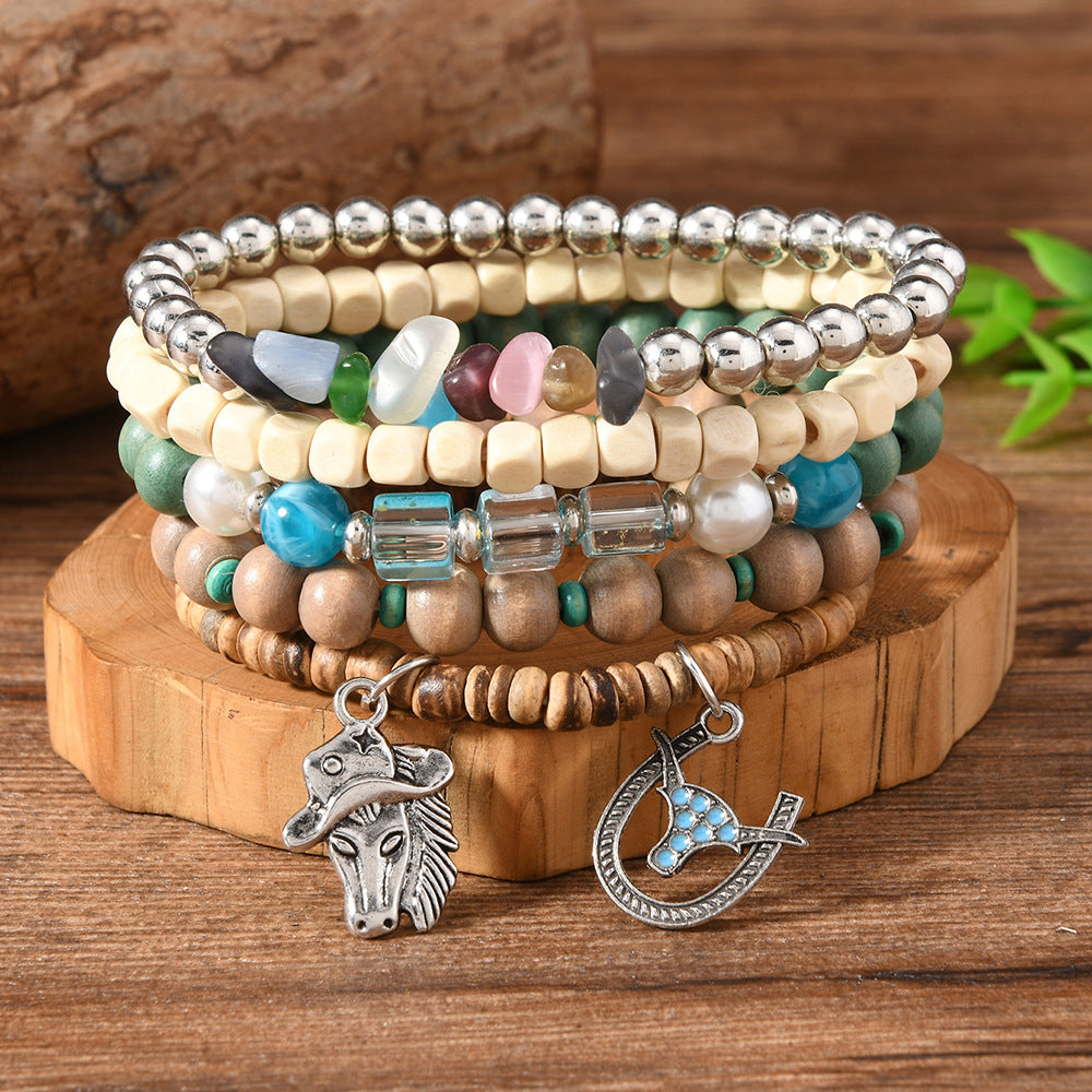 【5-Piece Set】Western Boho Layered Bracelet Stack with Cowboy Horse & Bull Charms|What You See Is What You Get