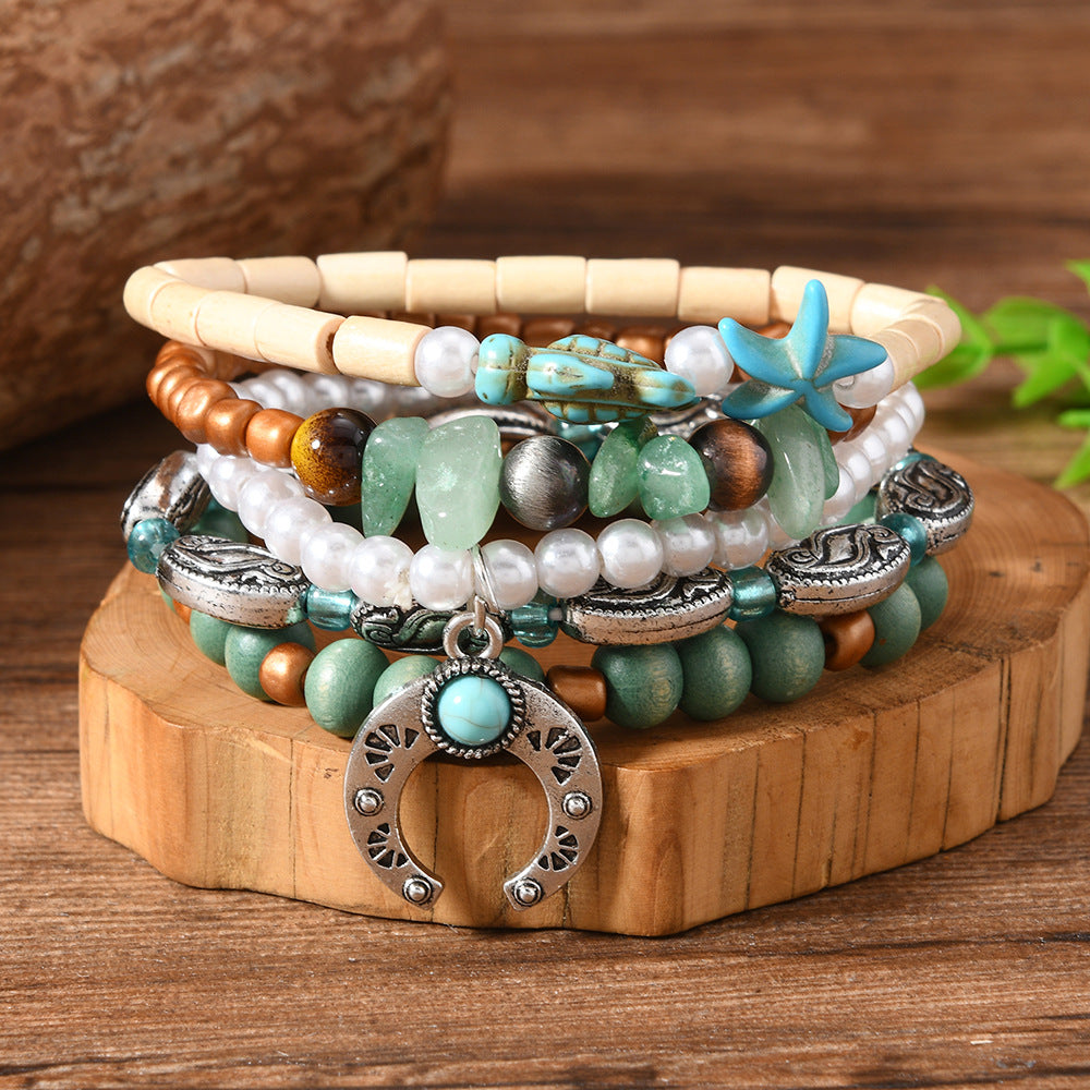 【5-Piece Set】Ocean-Inspired Boho Bracelet Set with Turquoise Turtle, Natural Stone & Lucky Horseshoe Charm