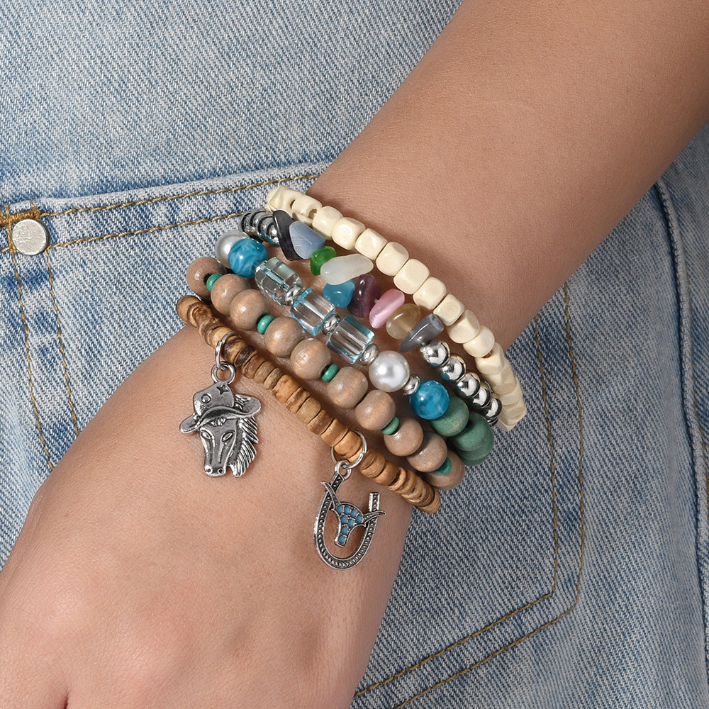 【5-Piece Set】Western Boho Layered Bracelet Stack with Cowboy Horse & Bull Charms|What You See Is What You Get