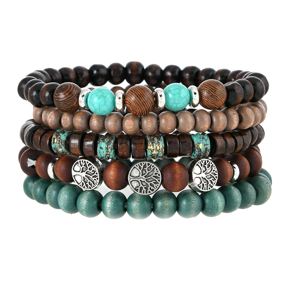 【5-Piece Set】Boho Ethnic Style Bracelet Set|Turquoise & Wood Beads|What You See Is What You Get