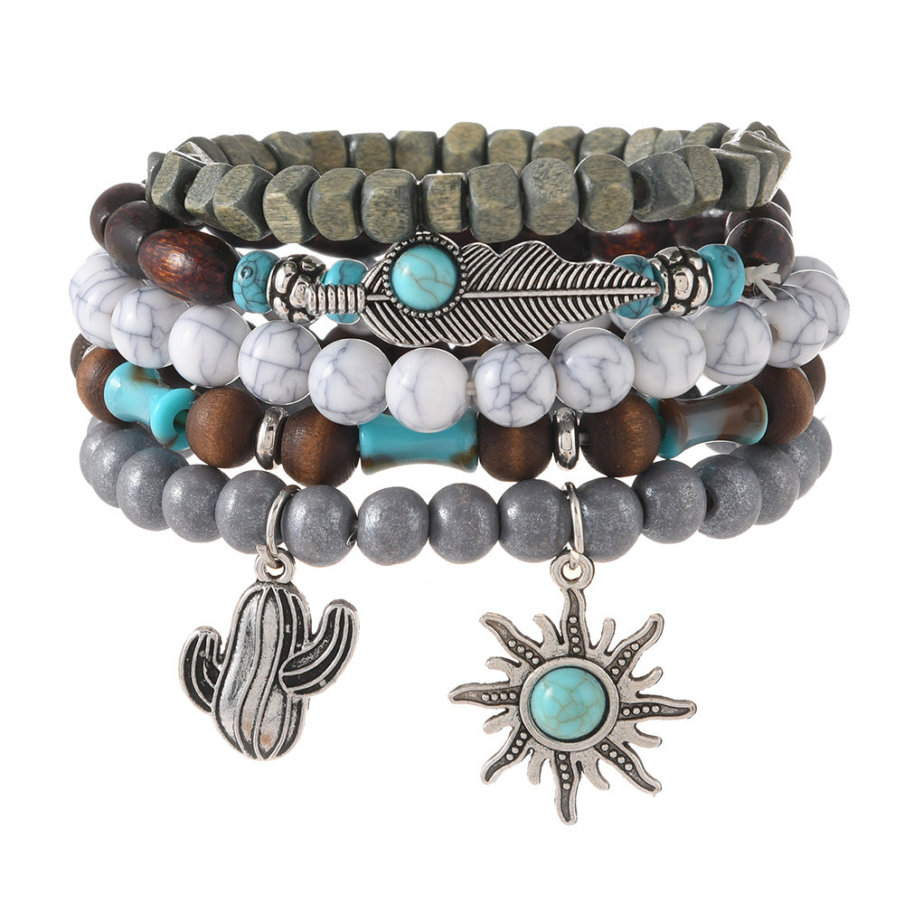 【5-Piece Set】Boho Turquoise Layered Bracelet Stack with Heart Charm & Tassel|What You See Is What You Get