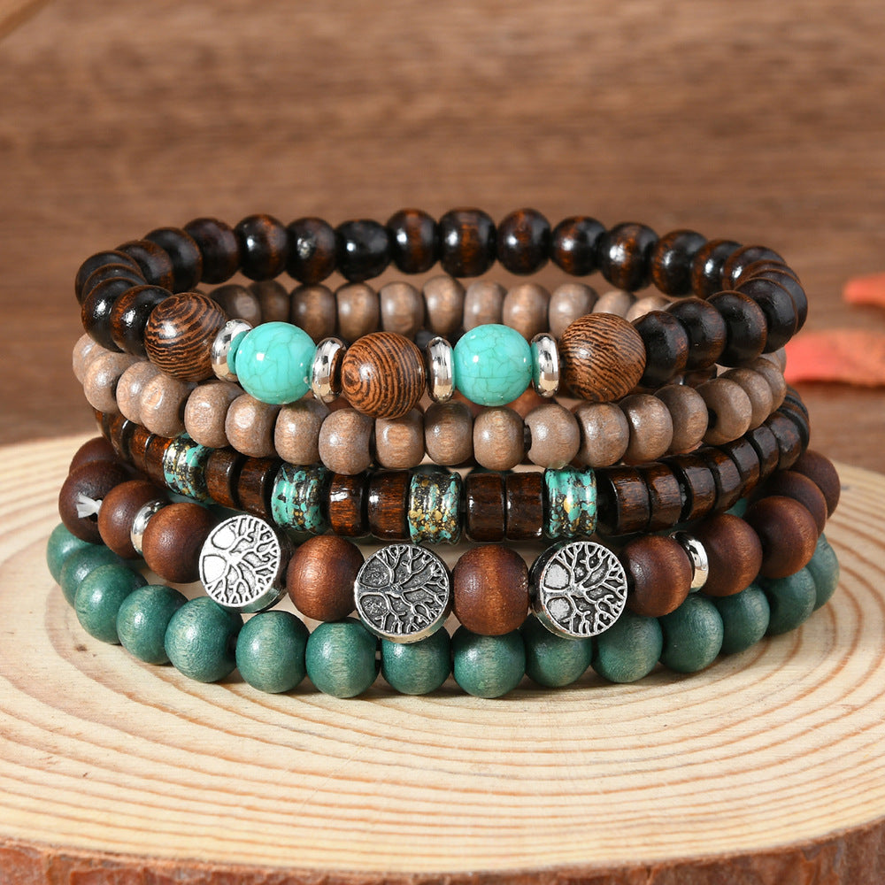 【5-Piece Set】Boho Ethnic Style Bracelet Set|Turquoise & Wood Beads|What You See Is What You Get