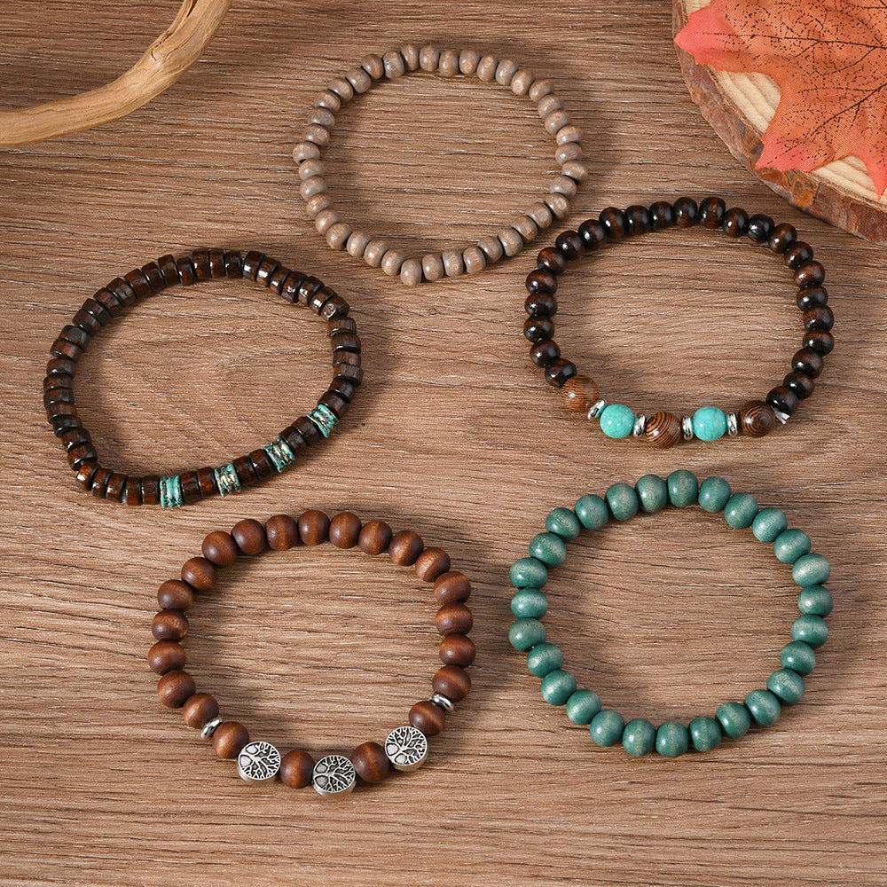 【5-Piece Set】Boho Ethnic Style Bracelet Set|Turquoise & Wood Beads|What You See Is What You Get