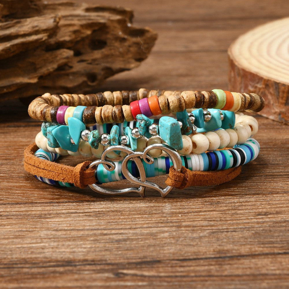 【5-Piece Set】Multicolor Beaded Bracelet Stack with Heart Clasp Leather Cord|Boho Style – What You See Is What You Get