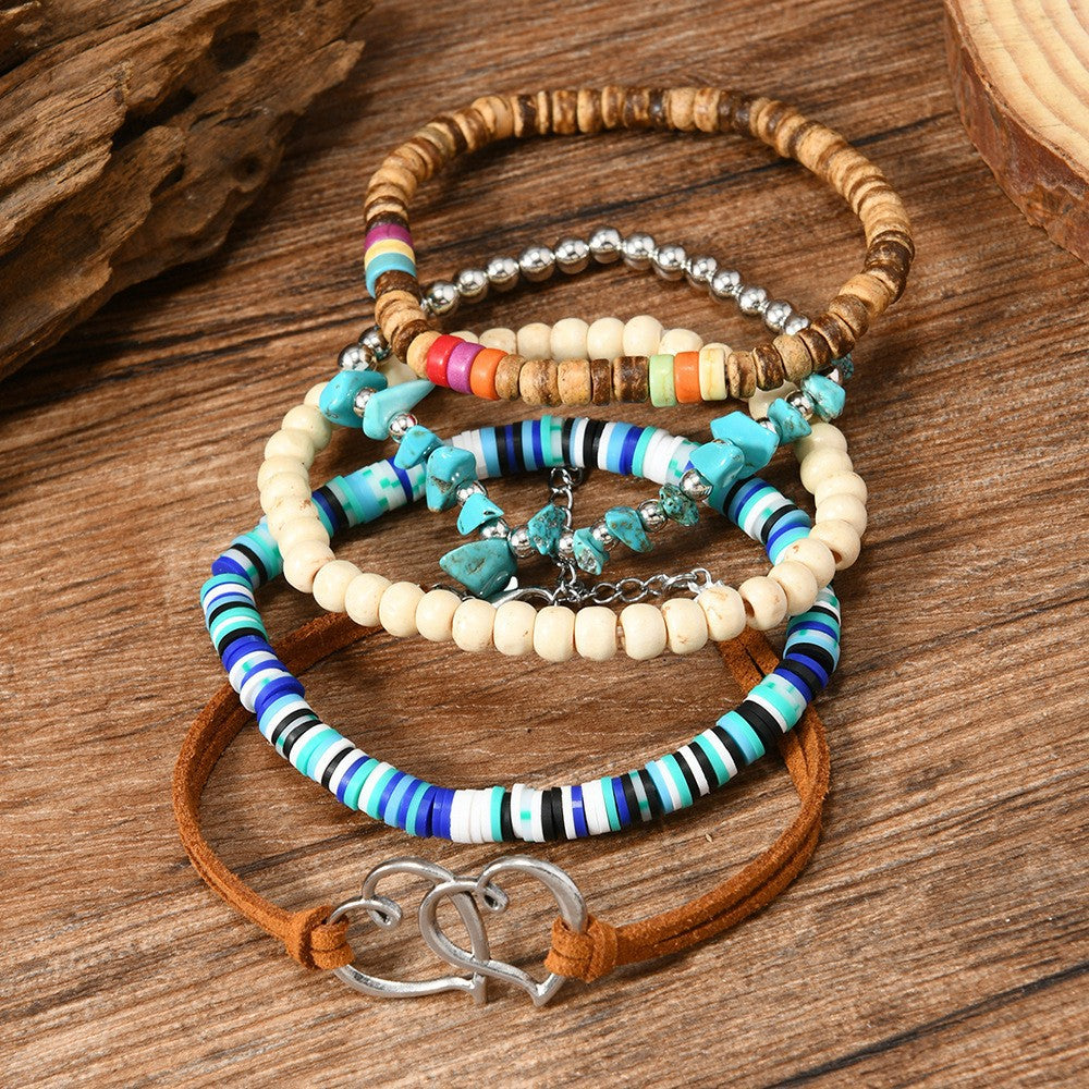 【5-Piece Set】Multicolor Beaded Bracelet Stack with Heart Clasp Leather Cord|Boho Style – What You See Is What You Get