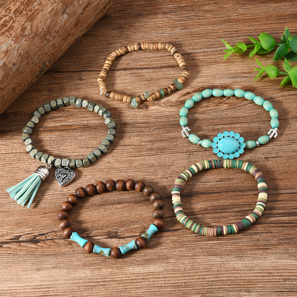 【5-Piece Set】Boho Stacked Bracelet Set with Turquoise Flower Charm, Heart Pendant & Tassel|What You See Is What You Get