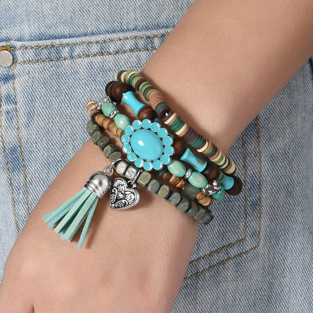 【5-Piece Set】Boho Stacked Bracelet Set with Turquoise Flower Charm, Heart Pendant & Tassel|What You See Is What You Get