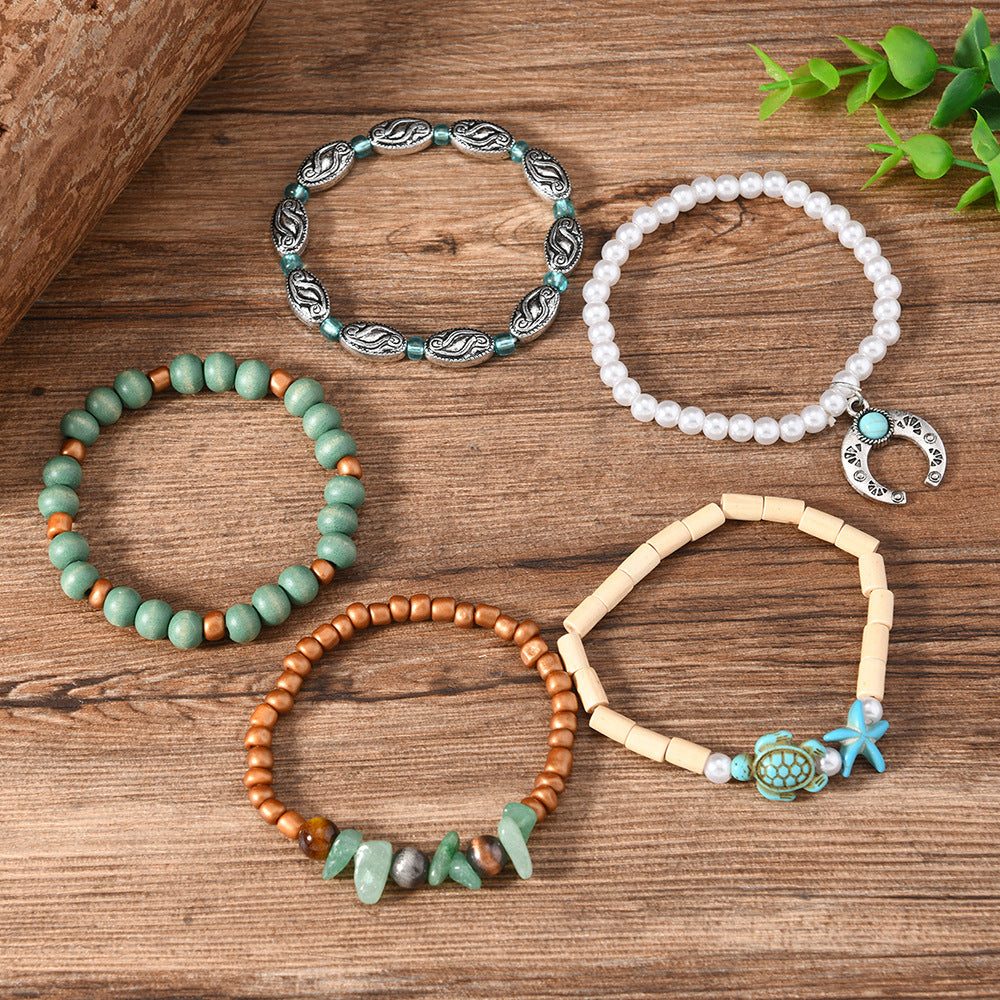 【5-Piece Set】Ocean-Inspired Boho Bracelet Set with Turquoise Turtle, Natural Stone & Lucky Horseshoe Charm