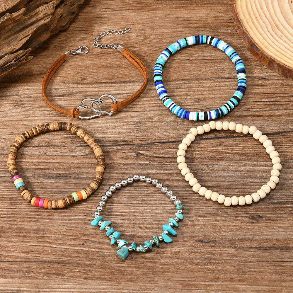 【5-Piece Set】Multicolor Beaded Bracelet Stack with Heart Clasp Leather Cord|Boho Style – What You See Is What You Get
