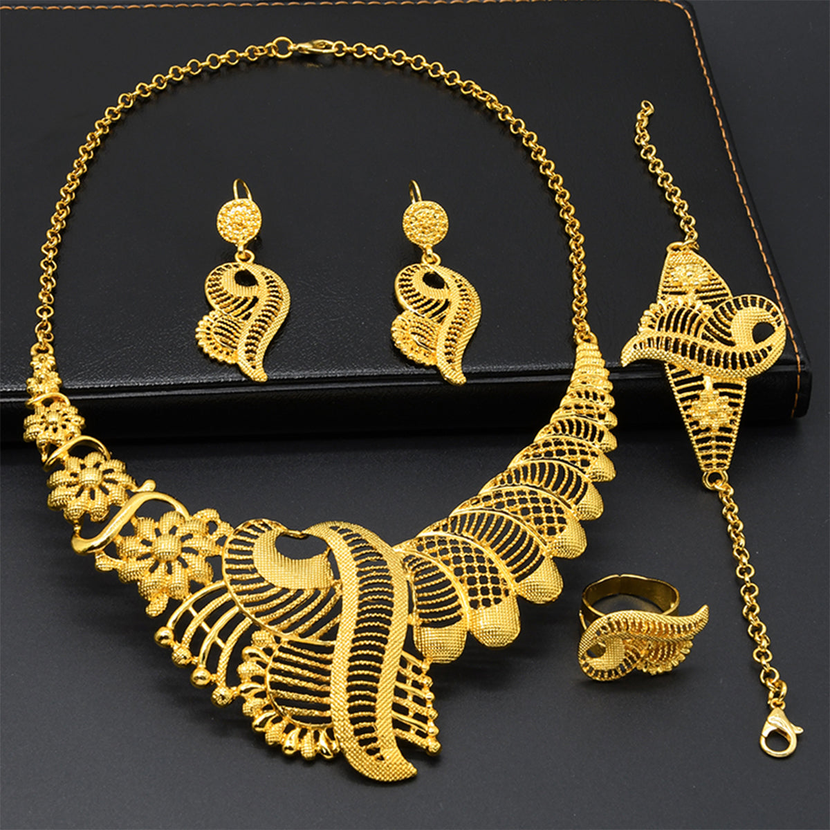 Traditional Muslim Wedding Jewelry | Golden Embossed Ethnic 4-Piece Set|s-339