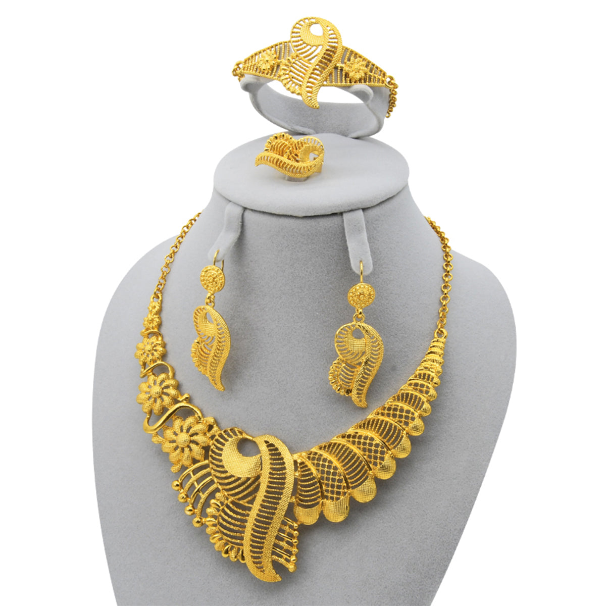 Traditional Muslim Wedding Jewelry | Golden Embossed Ethnic 4-Piece Set|s-339
