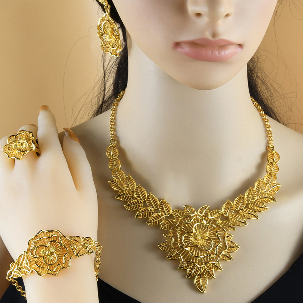 Arabic Vintage Bridal Jewelry | Carved 4-Piece Jewelry Set | Banquet Favorite|s-341