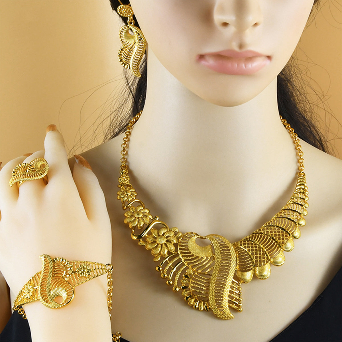 Traditional Muslim Wedding Jewelry | Golden Embossed Ethnic 4-Piece Set|s-339