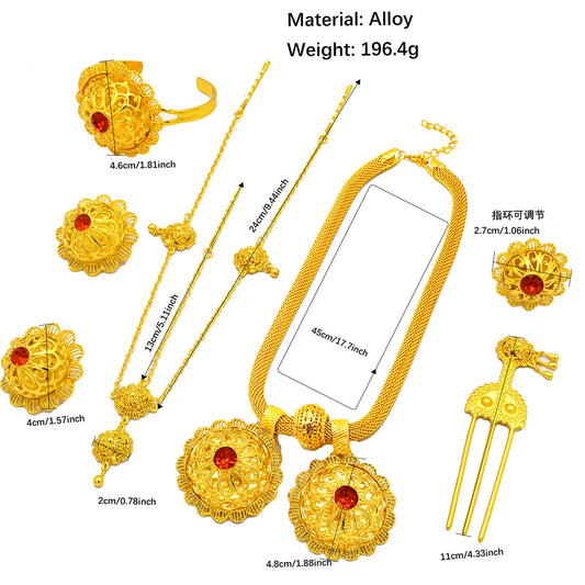 Gold Jewelry | Floral Bridal Jewelry Set | Saudi Women’s Necklace, Bracelet, Earrings, and Ring Set｜A-04