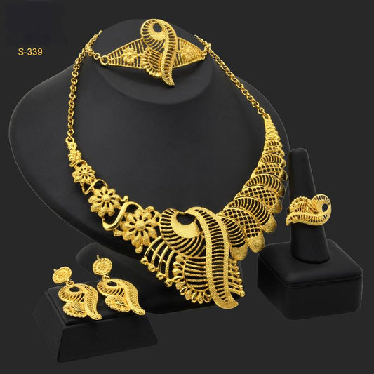 Traditional Muslim Wedding Jewelry | Golden Embossed Ethnic 4-Piece Set｜s-339