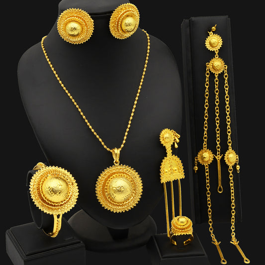 Middle Eastern Gold | Saudi Bridal Set | Traditional Necklace, Stud Earrings, Ring, Bracelet｜a-09
