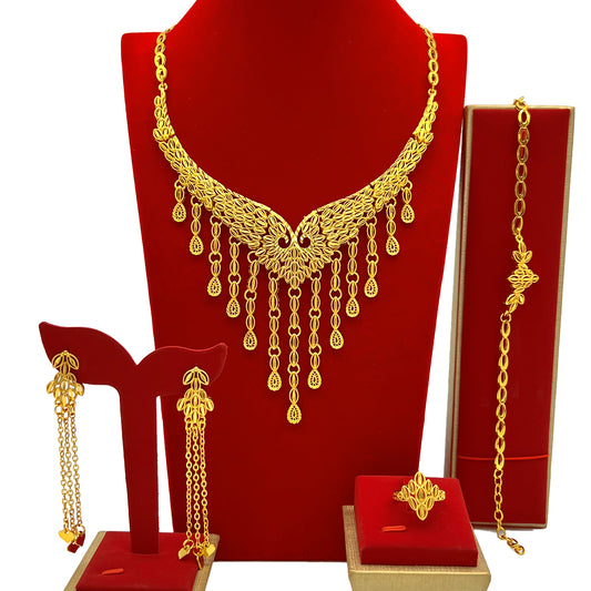 Ethnic Bridal Jewelry | Golden Inlay Pattern 4-Piece Set | Muslim Style｜S-773