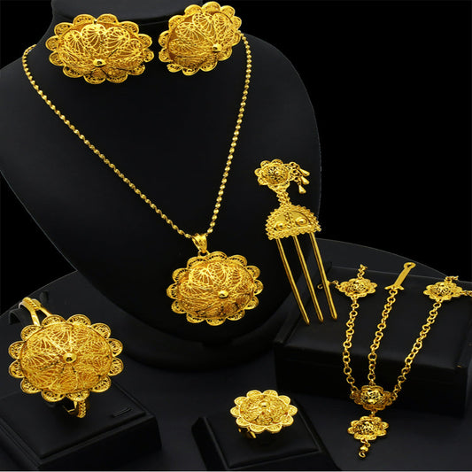 Dubai Bride | Wedding Zircon | Pearl Necklace, Ring, Earrings, Bracelet | Women’s Party Jewelry Set｜a-06