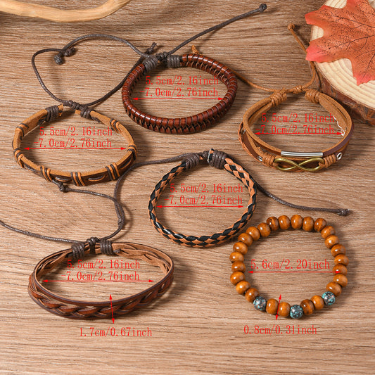 【6-Piece Set】Vintage Brown Leather Bracelet Stack for Men — Braided, Beaded & Infinity Symbol