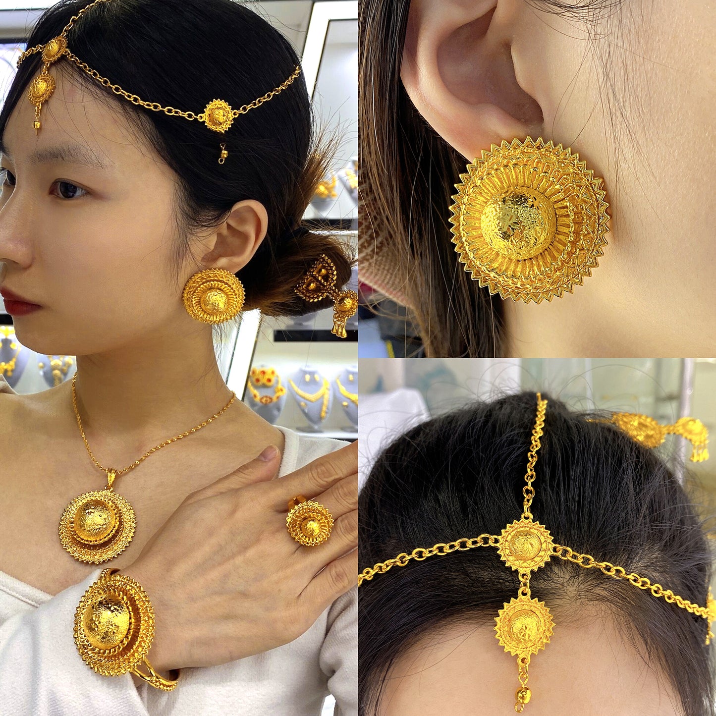 Middle Eastern Gold | Saudi Bridal Set | Traditional Necklace, Stud Earrings, Ring, Bracelet｜a-09