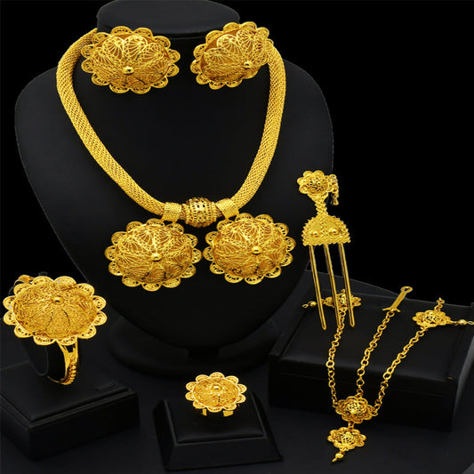 Golden Ethnic Style | Middle Eastern Wedding Jewelry Set | Women’s Necklace, Earrings, Ring, and Bracelet｜a-07