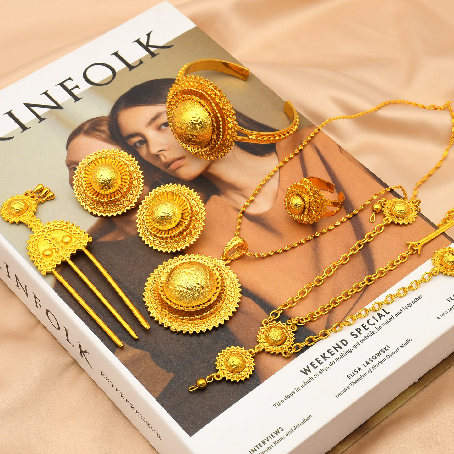 Middle Eastern Gold | Saudi Bridal Set | Traditional Necklace, Stud Earrings, Ring, Bracelet｜a-09