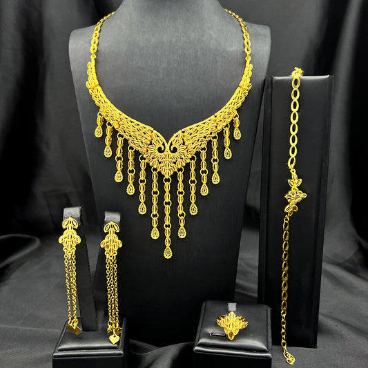 Ethnic Bridal Jewelry | Golden Inlay Pattern 4-Piece Set | Muslim Style｜S-773